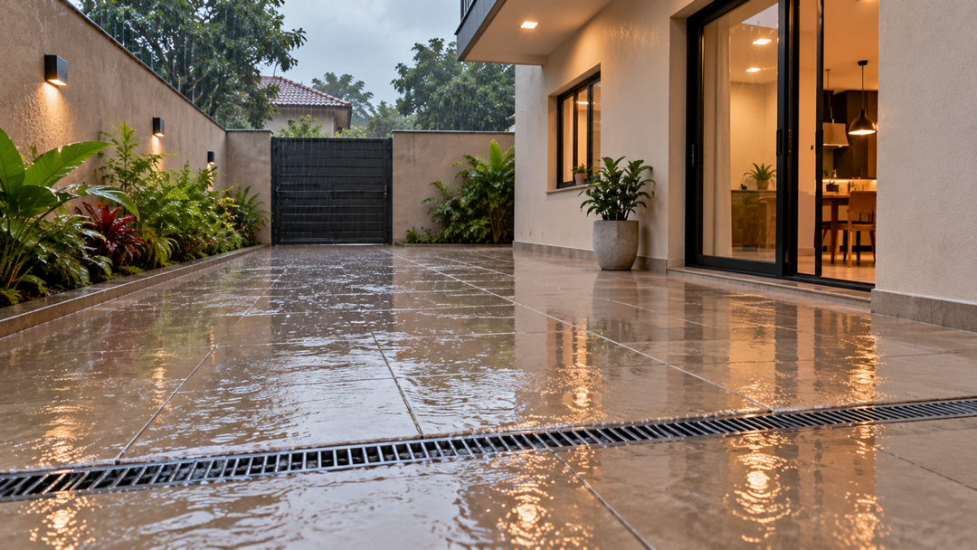 Piso no quintal muda o caminho da água da chuva e pode causar acúmulos. Entenda como planejar ralos, canaletas e áreas de infiltração.