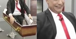 Apresentador retorna ao seu programa saindo de um caixão