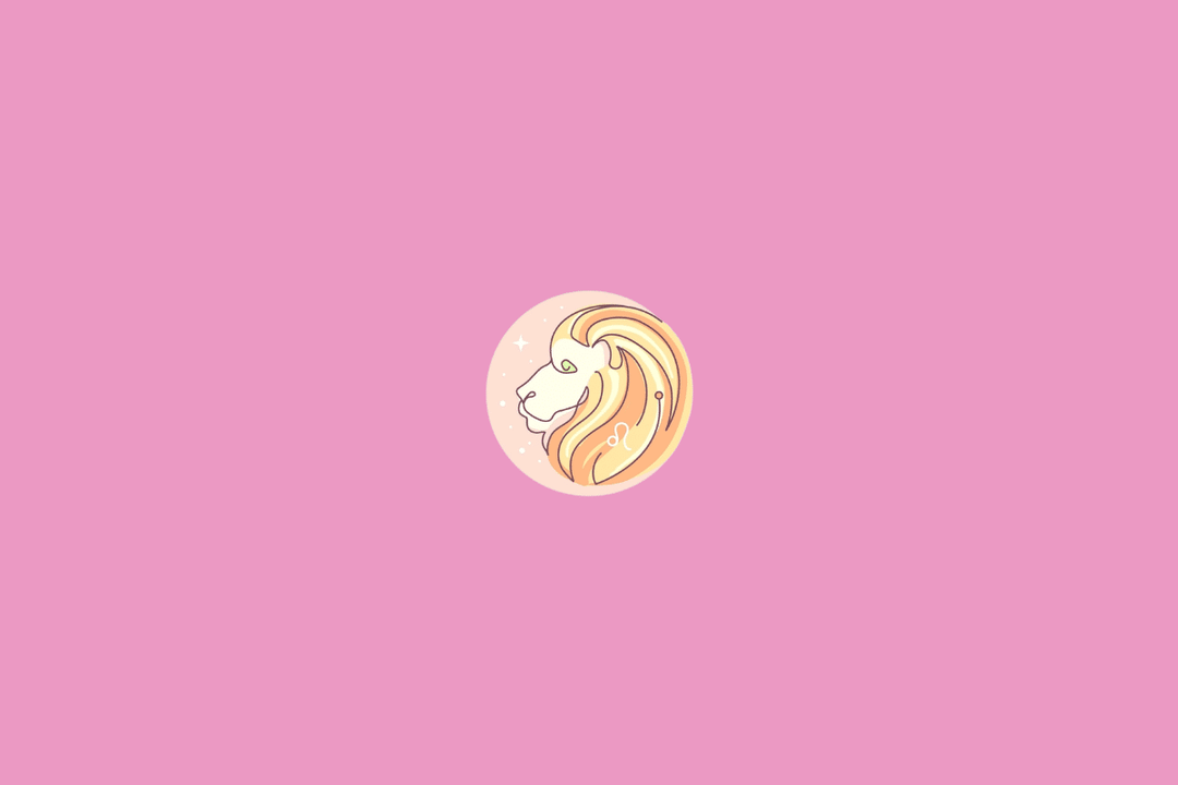 Ilustração minimalista do signo de Leão, representado pelo símbolo estilizado do signo em tom creme. O desenho está dentro de um círculo em degradê de azul e ciano, com pequenos pontos decorativos e fundo amarelo-claro.