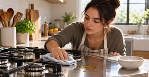 Os especialistas em limpeza concordam que, para remover a gordura da cozinha, não é necessário esfregar com força, mas sim passar água morna e algumas gotas de detergente antes que endureça