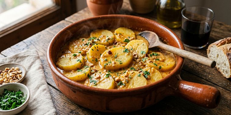 Featured main: As melhores batatas não são fritas nem assadas: são preparadas com 8 dentes de alho, caldo de galinha e avelãs