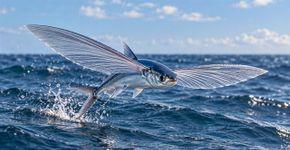 Peixes voadores aceleram debaixo d’água e abrem nadadeiras ampliadas ao romper a superfície, planando dezenas de metros antes de tocar o mar novamente e usando a cauda para ganhar novo impulso quando retornam