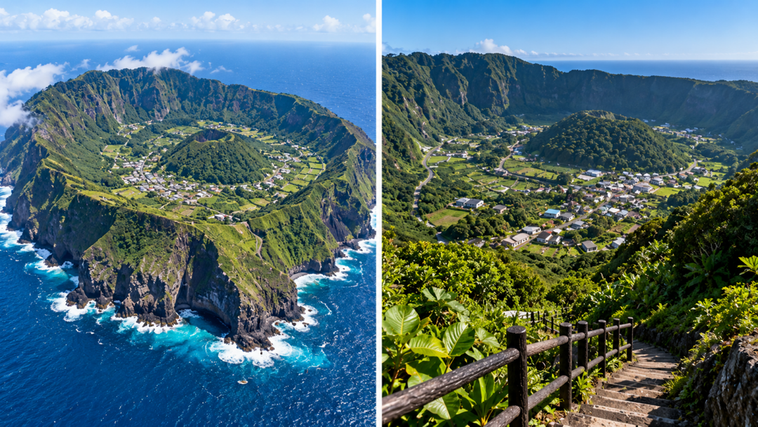 Uma comunidade vive dentro de uma antiga caldeira vulcânica no Japão. Conheça Aogashima, sua formação geológica e os desafios do transporte na ilha.