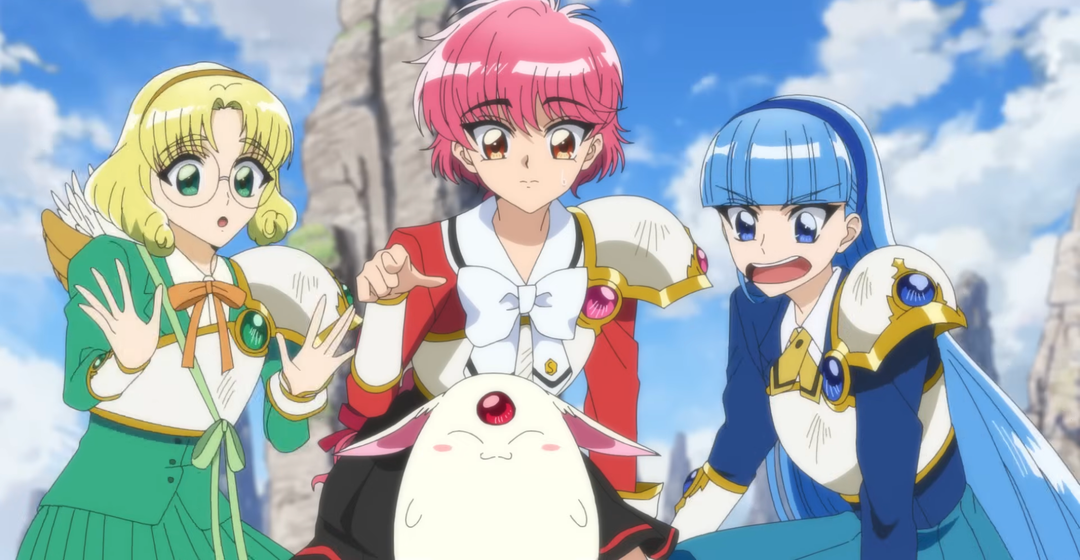 O trio de protagonistas Hikaru Shidou, Umi Ryuuzaki e Fuu Hououji, junto de Mokona