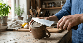 Eu substituí o amolador de faca por uma caneca de cerâmica velha e o resultado no corte da carne surpreendeu os convidados