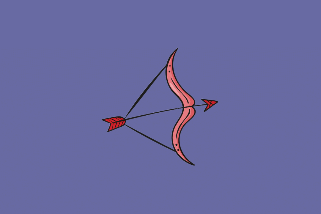 Ilustração estilizada de um arco e flecha em tom rosa e vermelho sobre fundo roxo.