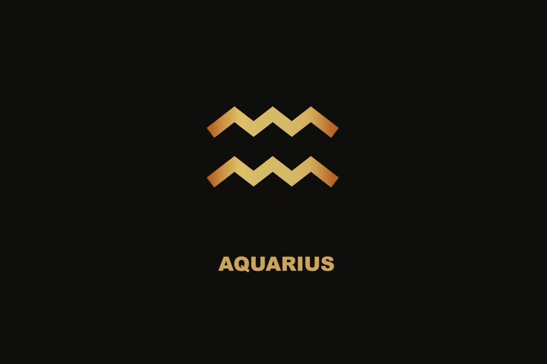 Símbolo dourado do signo de Aquário sobre fundo preto, com o nome "AQUARIUS" escrito abaixo.