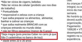 Busca por babá pede que ela seja ‘magra para caber no carro’