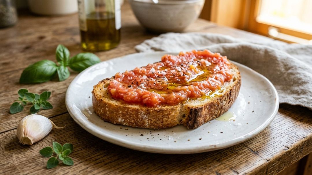 Ralar tomates maduros sobre fatias rústicas tostadas garante uma refeição rápida e saborosa.
