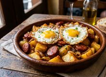 Featured side: Os cozinheiros concordam: “Os ovos fritos com batatas melhoram se você adicionar alho e cozinhar os ingredientes no mesmo óleo que o chouriço.”