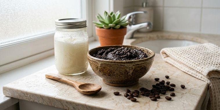Featured main: O segredo simples com borra de café e óleo de coco que deixa a pele das pernas mais macia sem o impacto de microplásticos presentes em alguns cosméticos