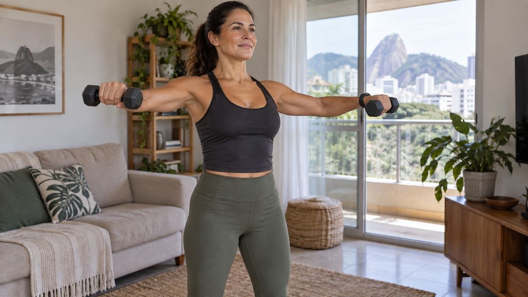 Cinco movimentos com halteres podem fortalecer braços e ombros em casa.