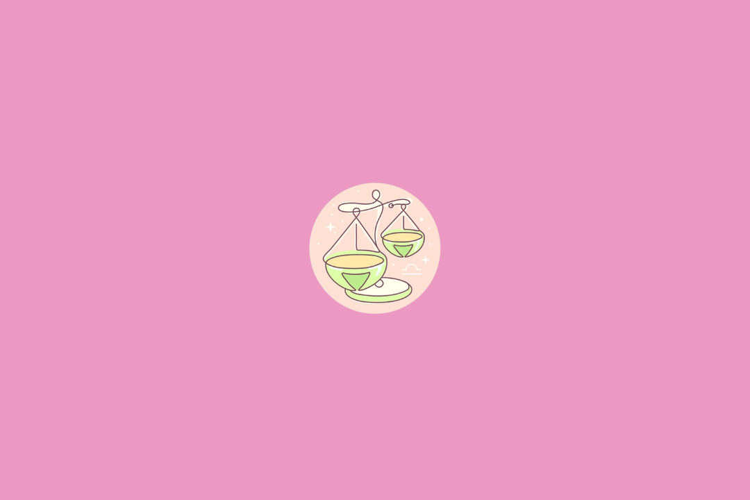Ilustração minimalista do signo de Libra, representado pelo símbolo de uma balança estilizada em tom creme. A figura aparece dentro de um círculo em degradê de verde e amarelo, com pequenos pontos decorativos e fundo amarelo-claro.