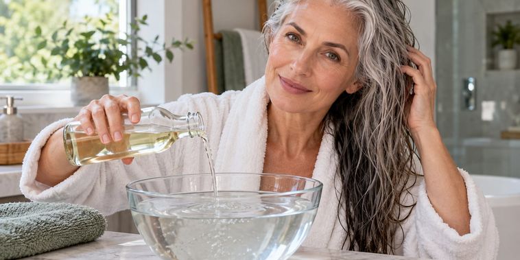 Featured main: O vinagre de vinho branco pode dar brilho aos cabelos grisalhos, entretanto os especialistas façam uma ressalva importante