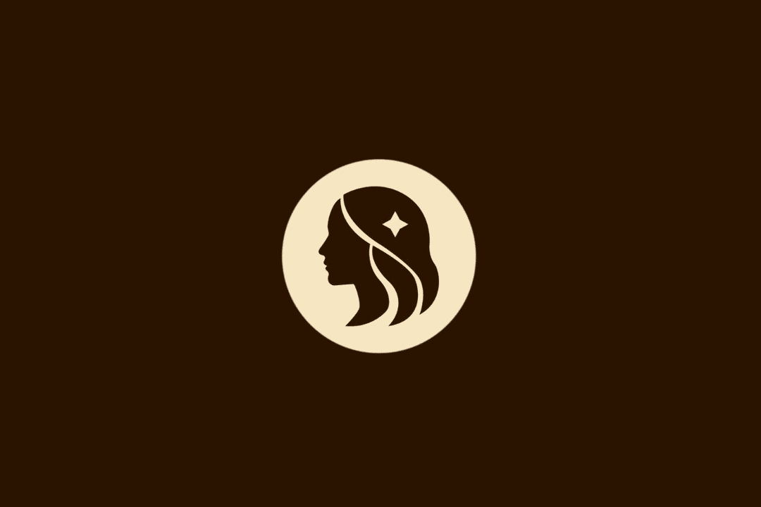 Ilustração vetorial do signo de Virgem, representada pelo perfil da cabeça de uma mulher com cabelos longos e uma estrela de quatro pontas ao lado, dentro de um círculo bege sobre fundo marrom.
