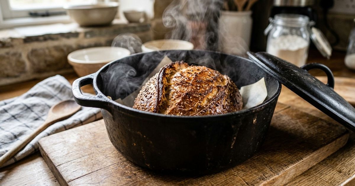 Para que o pão não forme uma crosta dura antes de crescer, é necessário criar vapor no início do forno para que a massa consiga expandir melhor