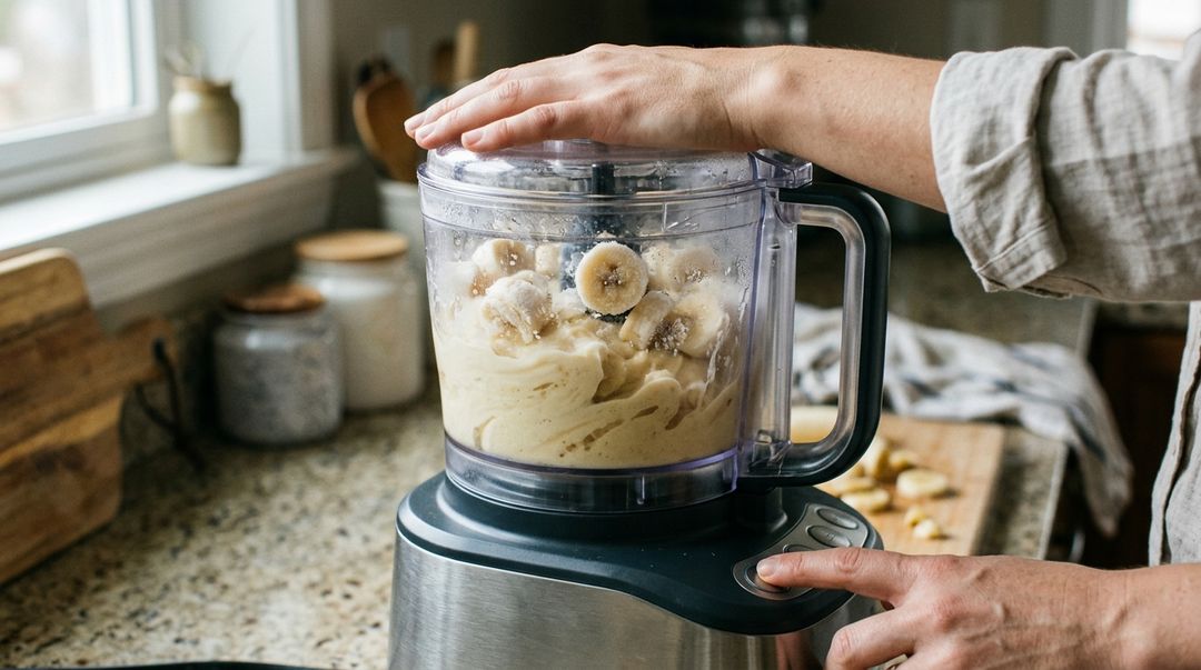 O processador de alimentos transforma as rodelas congeladas em uma sobremesa fit deliciosa.