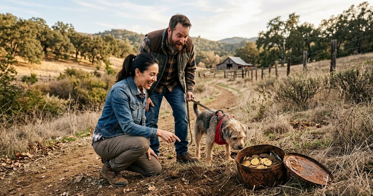Casal passeia com o cachorro na própria propriedade, pensa ter visto uma lata enferrujada e encontra 1.427 moedas de ouro enterradas, tesouro de 1847 a 1894 avaliado em cerca de R$ 55 milhões É o Saddle Ridge Hoard, achado na Califórnia em 2013 e considerado o maior tesouro de moedas já encontrado nos Estados Unidos. Mesma mecânica narrativa: gesto trivial, interpretação equivocada, descoberta extraordinária.