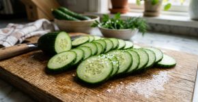 Antes de misturar o pepino à salada, faça isso por 10 minutos: uma pequena quantidade de sal retira o excesso de água e ajuda a manter as fatias crocantes por mais tempo