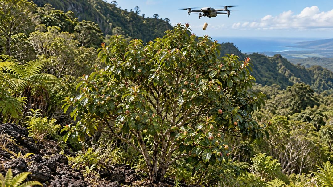 Drones aceleram o lançamento de insetos usados no controle biológico em áreas de mata fechada – Imagem ilustrativa criada por inteligência artificial