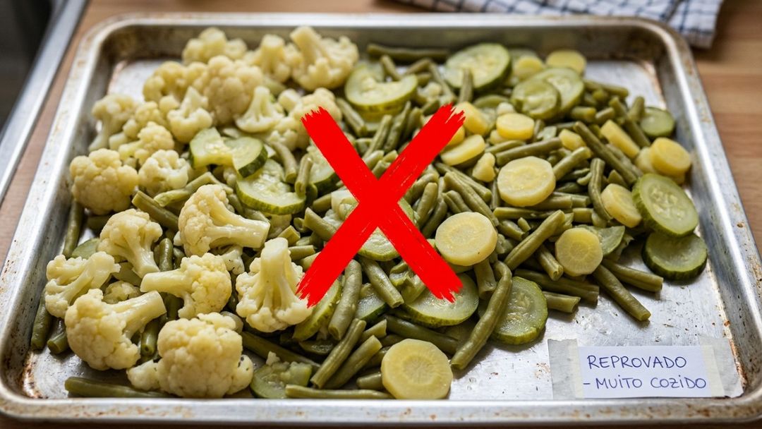 O vapor retido pelos legumes amontoados impede a formação de bordas douradas.