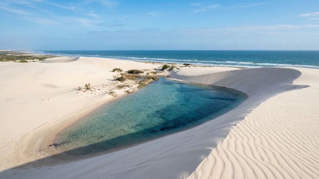 As formações rochosas e o farol no alto do Serrote oferecem vistas inesquecíveis da costa cearense.
