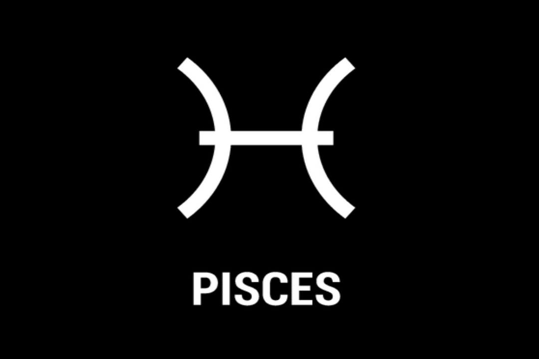 Imagem com fundo preto, apresentando o símbolo astrológico do signo de Peixes em branco, formado por duas linhas curvas opostas, unidas por uma linha horizontal. Abaixo, aparece a palavra “PISCES”, em letras maiúsculas e brancas.