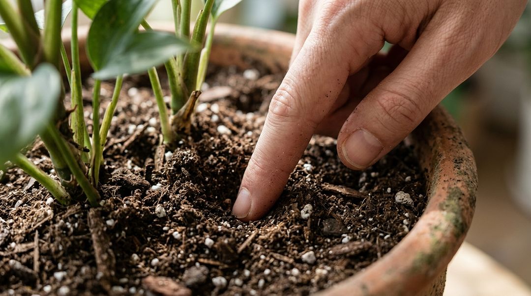 Verificar a umidade da terra com o dedo evita regas exageradas.
