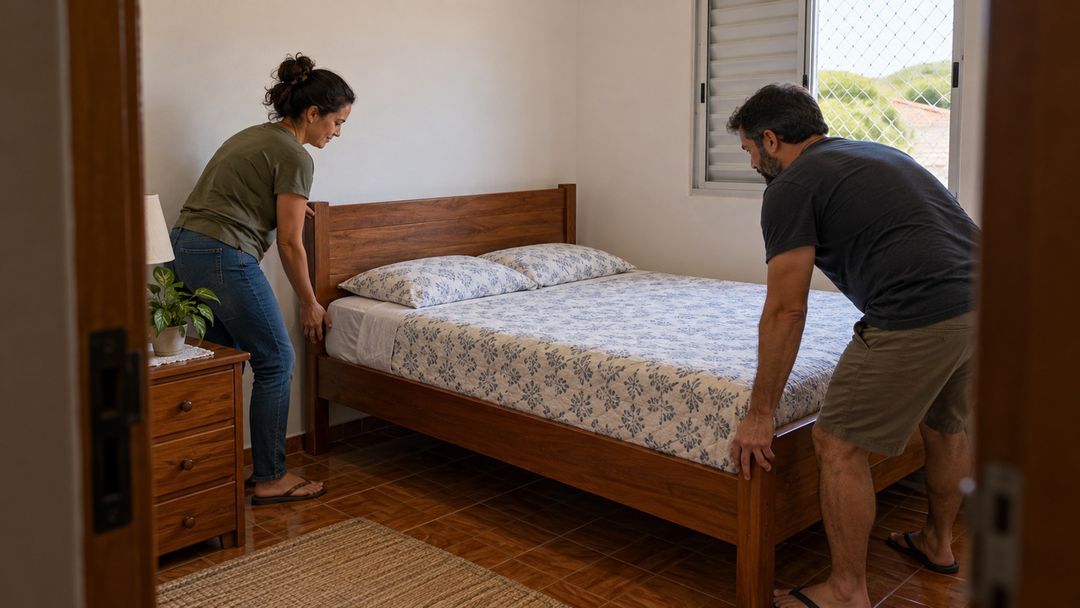 Uma mancha escondida revelou um problema de umidade atrás dos móveis.