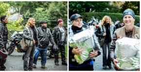 Grupo de mulheres motoqueiras entrega leite materno para bebês