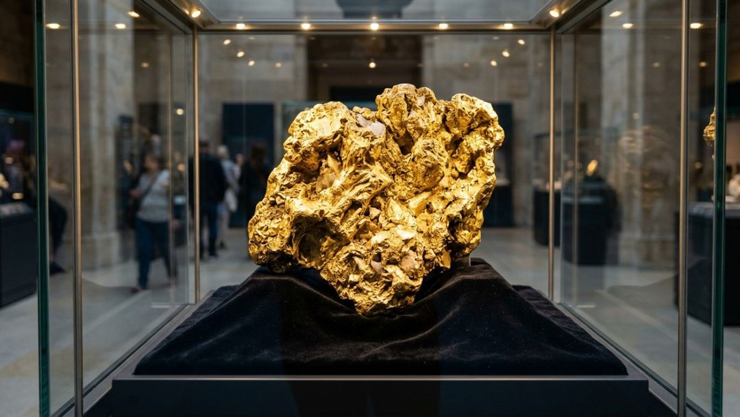 A beleza rústica da pepita de ouro atesta sua origem plenamente genuína moldada pelas forças geológicas da crosta terrestre.