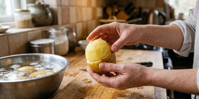 Featured main: Antes de cozinhar a batata, faça um corte neste ponto, a casca sai inteira com muita facilidade