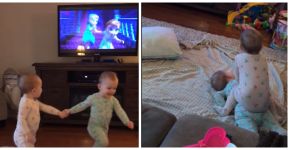 Bebês gêmeas fazem o remake mais fofo de ‘Frozen’ na sala de casa