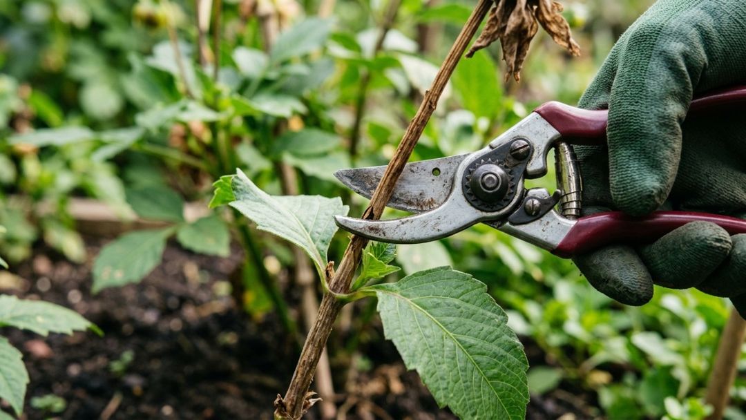 O corte preciso logo acima do primeiro nó foliar assegura um desenvolvimento contínuo e equilibrado no jardim.