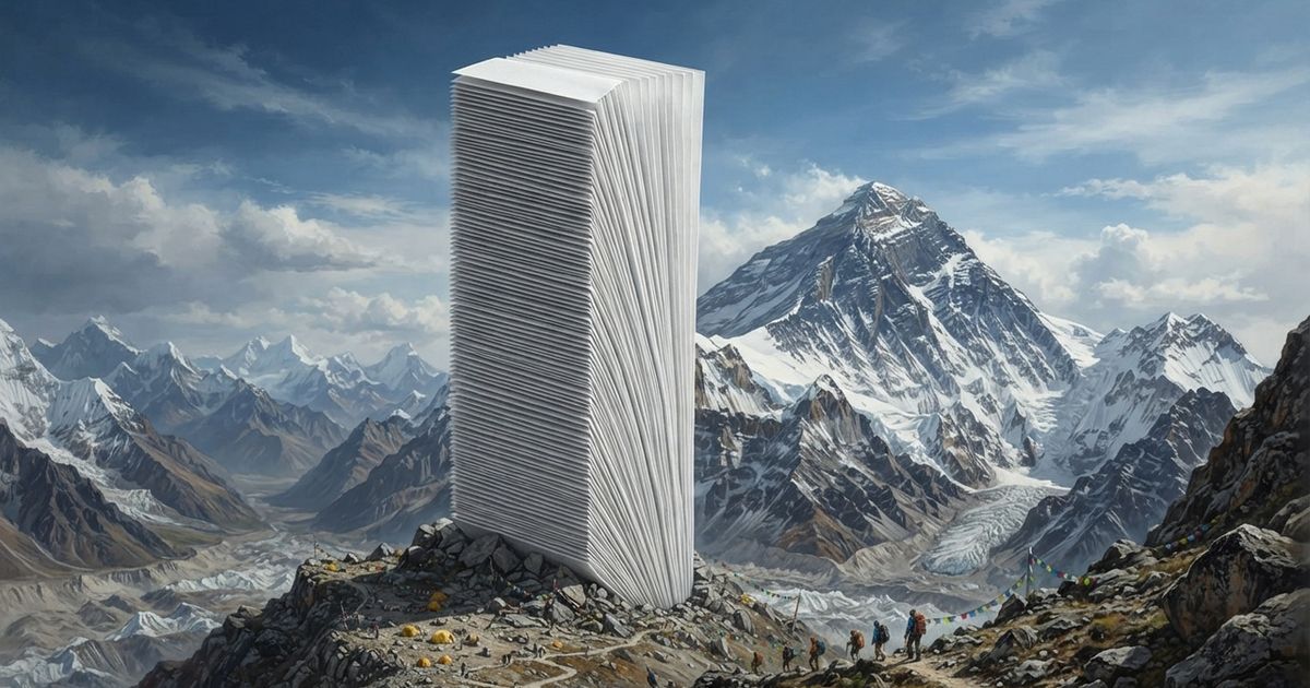 Uma folha de papel tem 0,1 mm de espessura, mas quando dobrada 27 vezes forma uma pilha mais alta que o Monte Everest. Mais quinze dobras a elevam a uma altura superior à da Lua.
