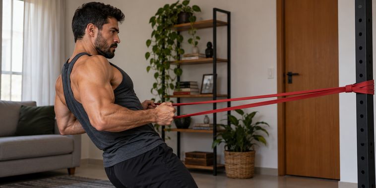 Featured main: Diga adeus aos desconfortos nas costas: com uma faixa elástica e poucos minutos, o exercício de remo pode fortalecer a musculatura e aliviar tensões
