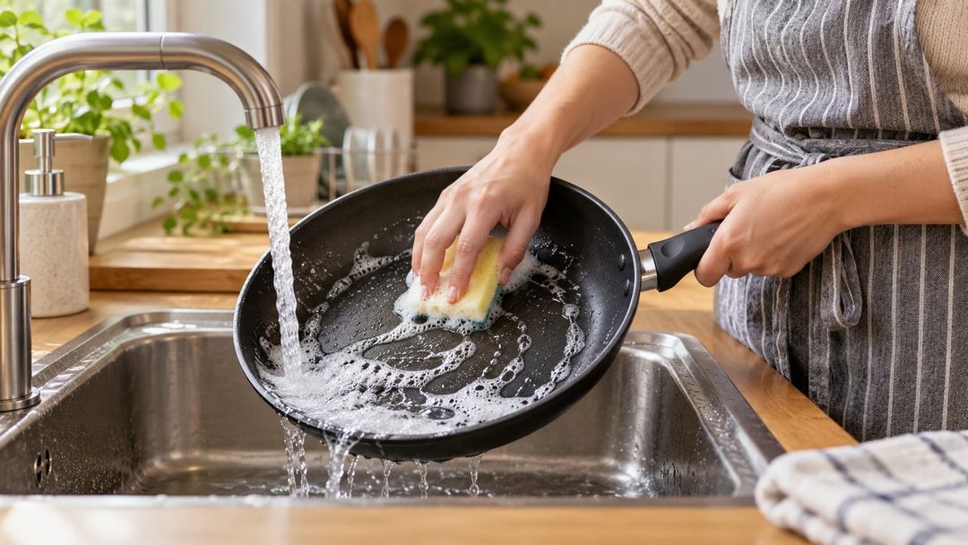 Frigideiras antiaderentes devem ser lavadas com água morna, detergente neutro e esponja macia – Imagem ilustrativa criada por inteligência artificial