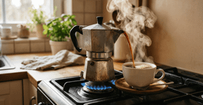 A cafeteira que antes era básica, hoje prepara o leite espumado no café da manhã