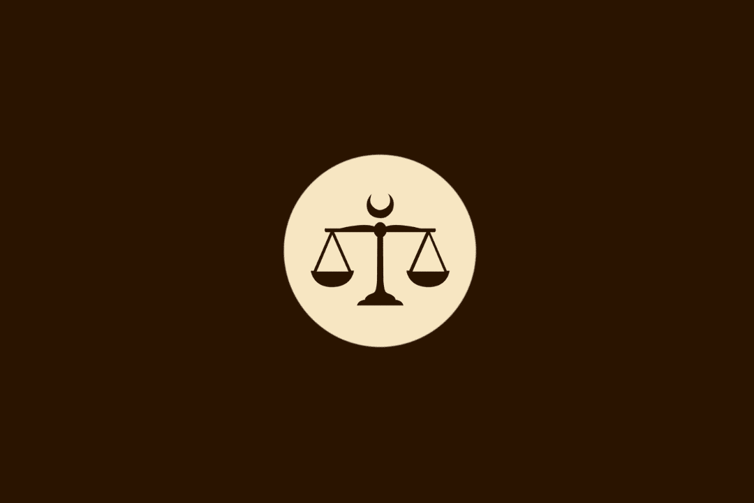Ilustração vetorial do signo de Libra, representada por uma balança em equilíbrio com uma lua crescente acima da haste central, dentro de um círculo bege sobre fundo marrom.