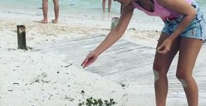 Tatá Werneck leva susto ao alimentar iguana em praia