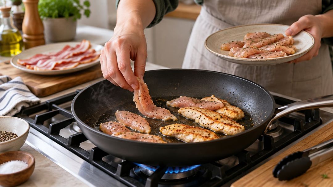Trocar bacon por peito de frango reduz gordura e sódio no prato proteico – Imagem ilustrativa criada por inteligência artificial