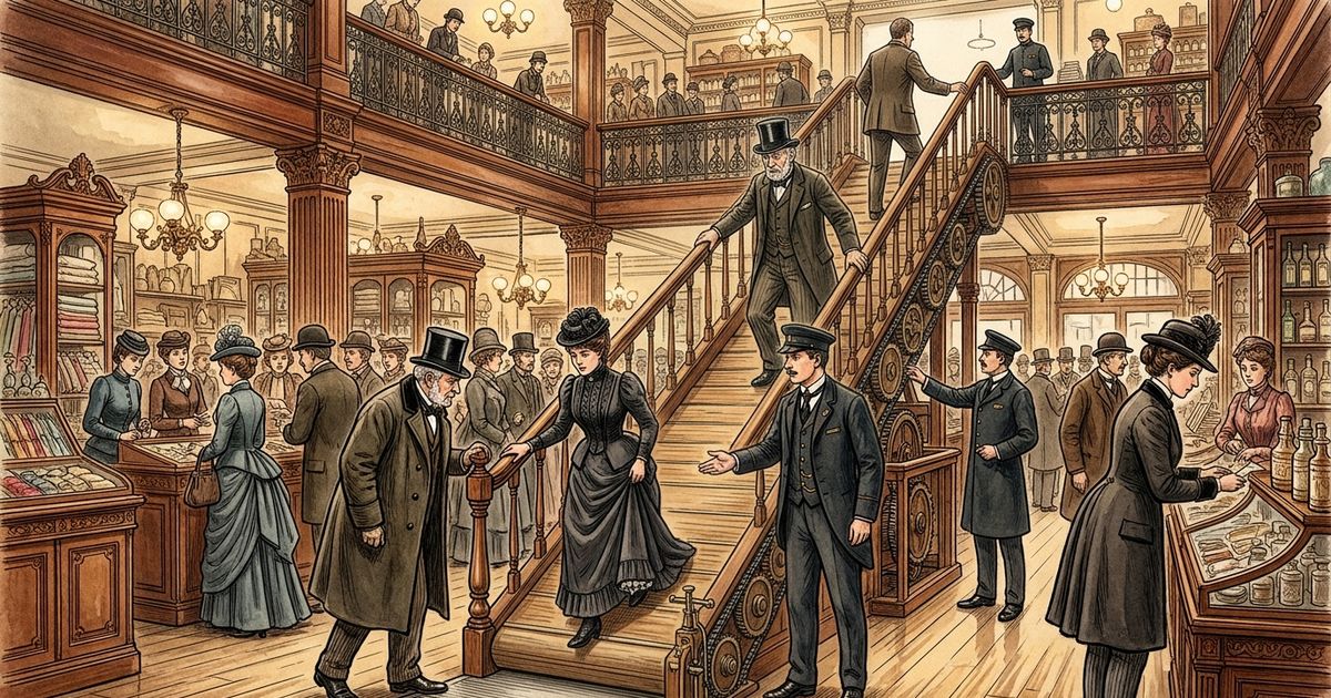 A primeira escada rolante de uma famosa loja de Londres assustava tanto os clientes que funcionários esperavam no topo com conhaque