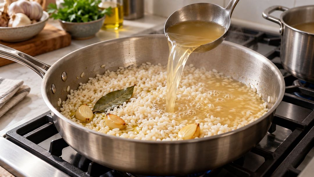 O caldo leva sal, gordura e notas de legumes ou carnes para dentro do grão durante o cozimento – Imagem ilustrativa criada por inteligência artificial