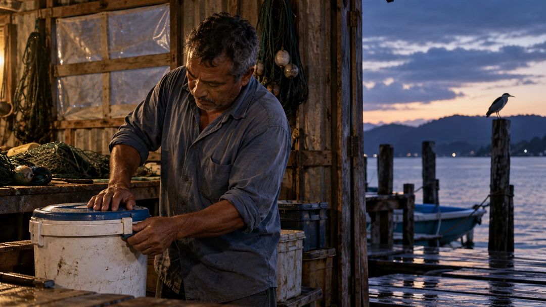 Um socó-dorminhoco entrava no galpão para retirar pequenos peixes.