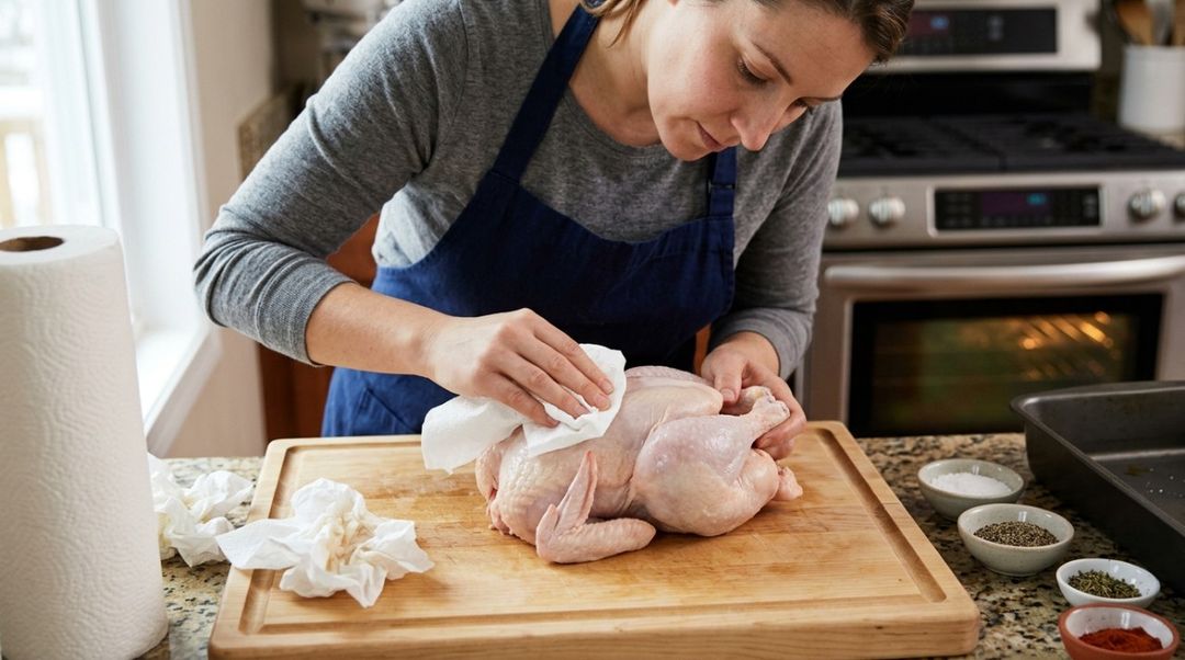 Uma técnica bastante usada é temperar o frango e deixá-lo descoberto na geladeira por algumas horas, sobre uma grade ou recipiente adequado