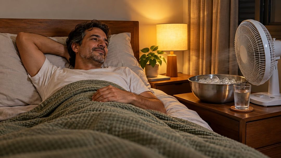 Cortinas fechadas, água fresca e roupas leves aumentam o efeito do gelo com ventilador nas noites quentes – Imagem ilustrativa criada por inteligência artificial