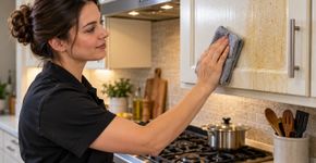 Como um limpador profissional remove gordura dos armários da cozinha sem danificar o acabamento