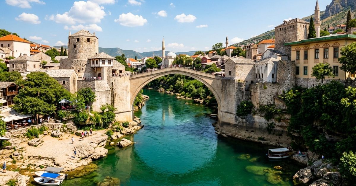 Uma ponte do século XVI destruída durante a guerra e reconstruída em 2004 sobre o rio Neretva: a cidade europeia onde influências otomanas, mediterrâneas e ocidentais formam um Patrimônio Mundial