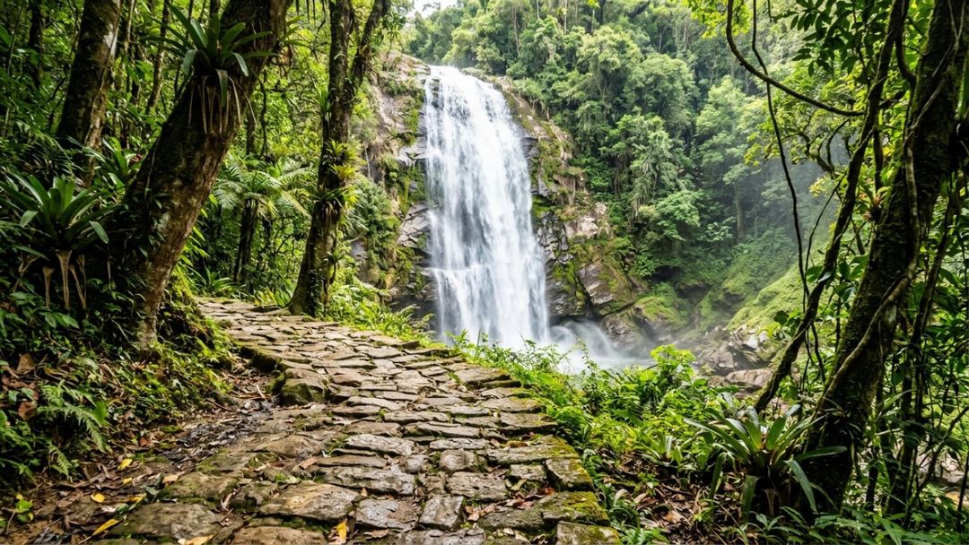 A Cachoeira do Veado impressiona com suas quedas volumosas cercadas pela vegetação preservada da Mata Atlântica.