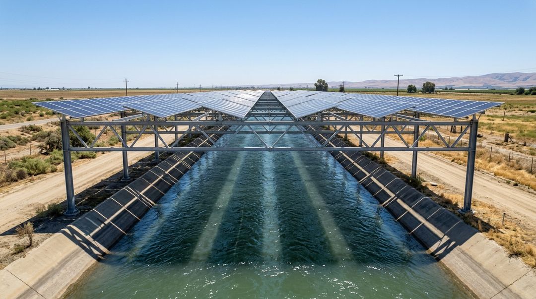 O sombreamento artificial reduz drasticamente a evaporacao da agua e resfria naturalmente os paineis solares.